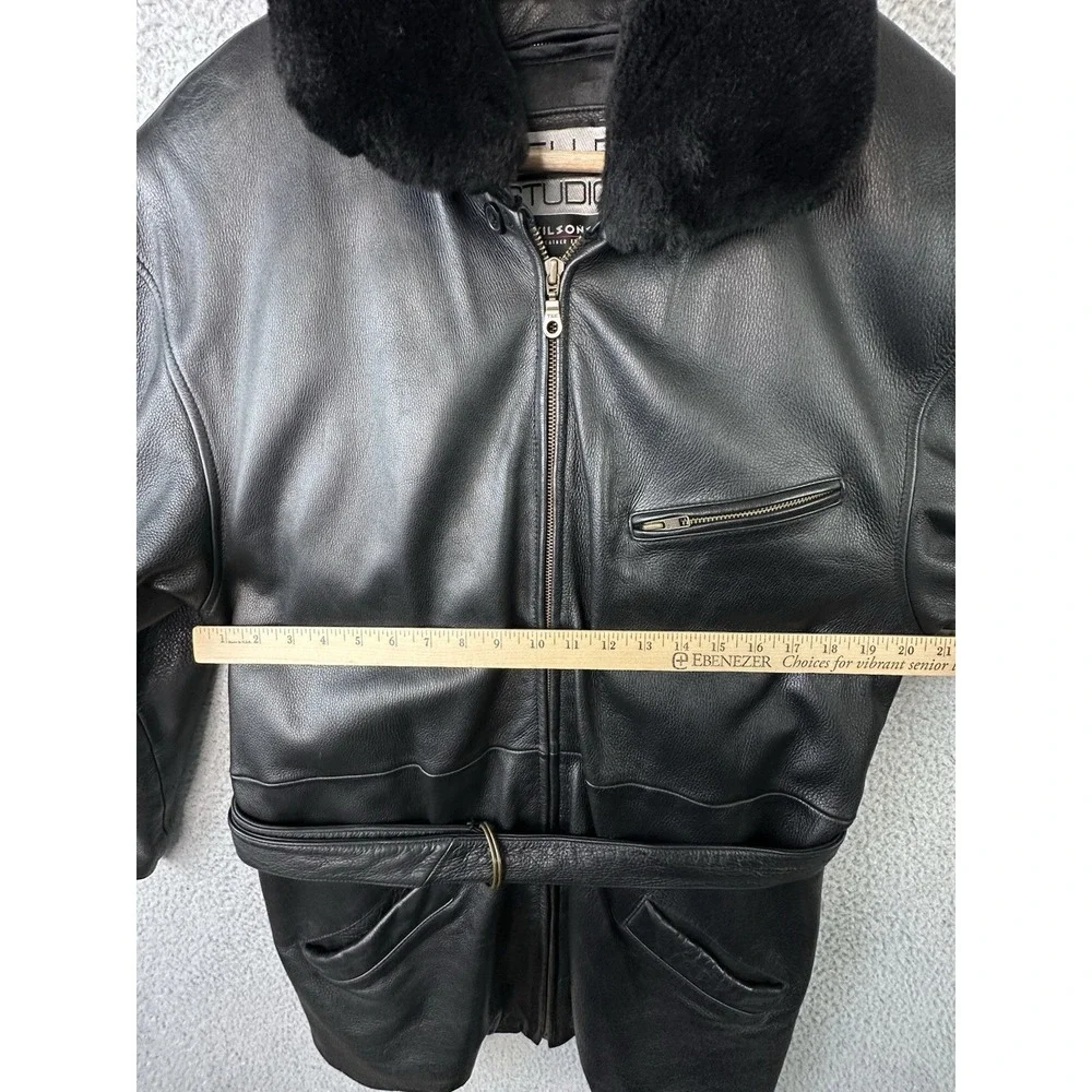 Wilsons Leather Pelle Studio Black Jacket Women L Removable Fur Collar Belted